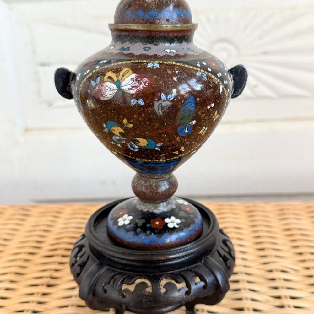 Antique Meiji 1910s Japanese Goldstone Cloisonne' Urn/ Stand Butterfly flower 7" - Picture 16 of 16